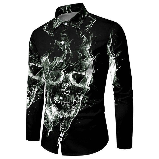 Men's Shirt Graphic Shirt Skull Turndown Black 3D Print Outdoor Halloween Long Sleeve Print Button-Down Clothing Apparel Vintage Cool Designer Casual2