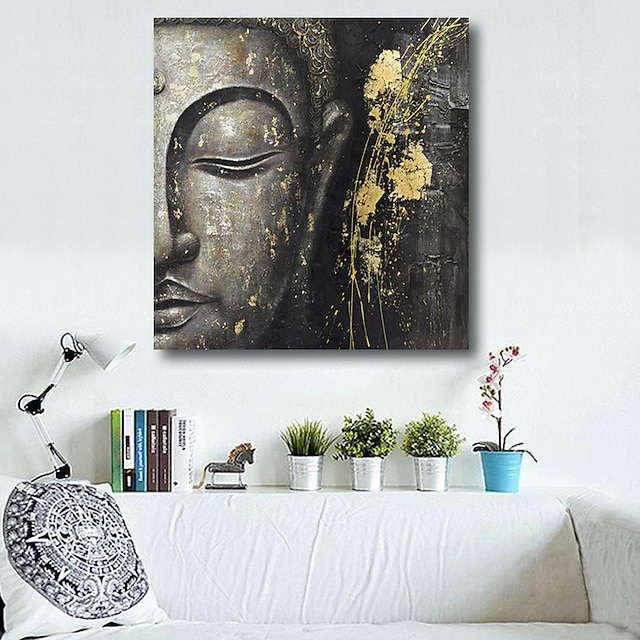  öljymaalaus käsintehty käsinmaalattu seinätaide abstrakti moderni buddha aasialainen zen-figuuri musta harmaa kodinsisustus sisustus venytetty kehys valmis ripustettavaksi