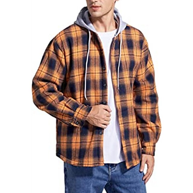  Men's Shirt Overshirt Flannel Shirt Shirt Jacket Plaid Hooded Black and Red Yellow Orange Red Long Sleeve Print Street Daily Button-Down Tops Fashion Casual Comfortable / Beach