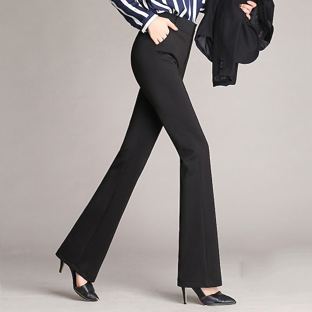  Women's Dress Pants Bootcut Flare Full Length Side Pockets Micro-elastic Mid Waist Fashion Party Work Black Wine S M