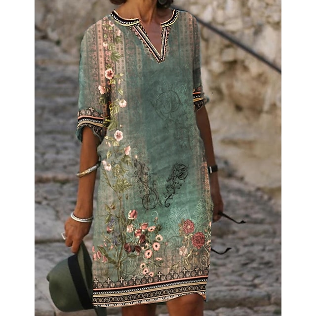  γυναικείο casual dress shift φόρεμα midi φόρεμα πράσινο μισό μανίκι floral print φθινόπωρο άνοιξη καλοκαίρι v λαιμόκοψη 2023 s m l xl xxl 3xl