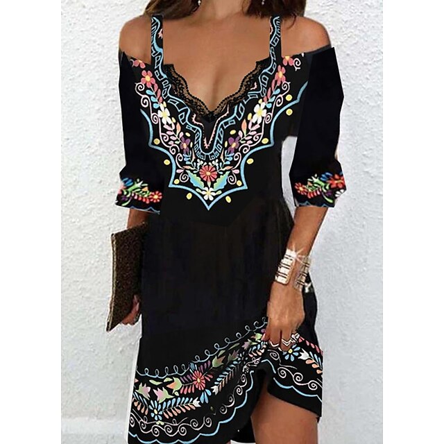  Women‘s Casual Dress Ethnic Dress Mini Dress Black 3/4 Length Sleeve Pure Color Print Summer Spring Fall V Neck Stylish 2023 S M L XL XXL 3XL