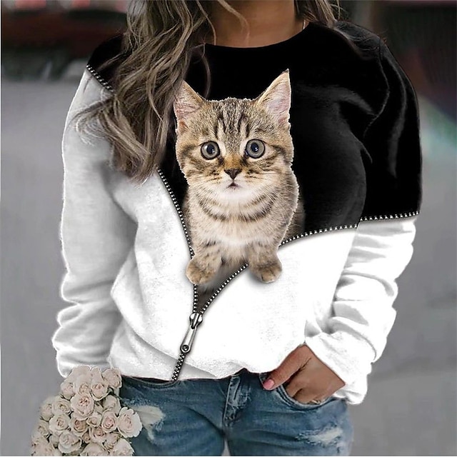  Women's Plus Size Tops Animal Cat Pullover Sweatshirt Hoodie Sweatshirt Long Sleeve Print Streetwear Hoodie Crew Neck Cotton Daily Vacation Winter Fall Blue khaki / Weekend