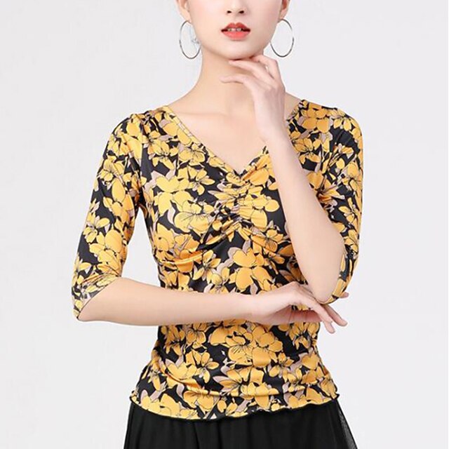  Latin Dance Ballroom Dance Top Printing Women's Training Performance Half Sleeve Polyester
