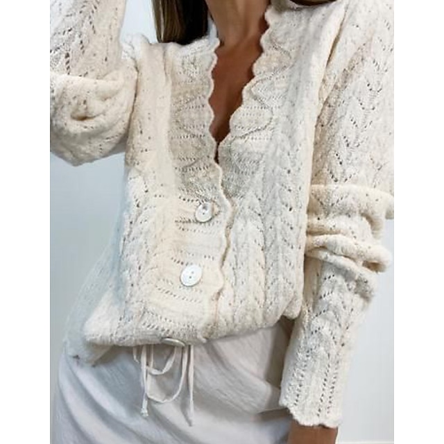  Women's Cardigan Sweater Jumper Crochet Knit Button Beads Cropped V Neck Solid Color Daily Holiday Casual Winter Fall White S M L
