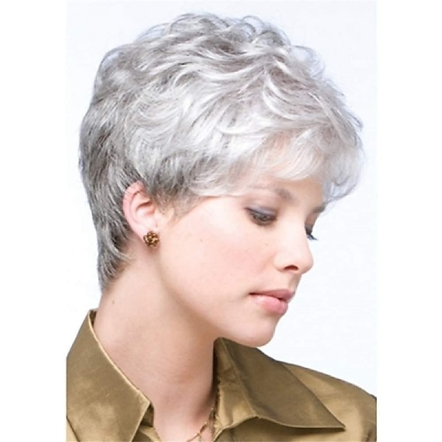 Short Curly Grey Pixie Wigs For White Women Sliver Grey Layered Synthetic Wig Natural Looking 