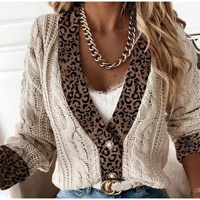  Women's Cardigan Sweater Jumper Cable Crochet Knit Knitted Thin Cropped V Neck Color Gradient Outdoor Daily Stylish Casual Winter Fall Beige S M L / Long Sleeve / Holiday / Regular Fit