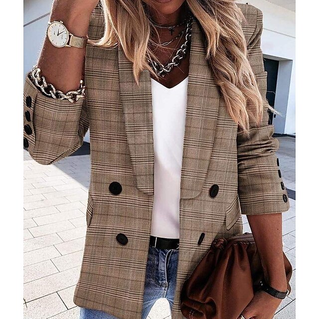  Women's Blazer Work Casual Daily Wear Weekend Comfortable Double Breasted Button Pocket Modern Comfortable Turndown Regular Fit Solid Color Outerwear Winter Fall Long Sleeve Khaki S M L XL XXL