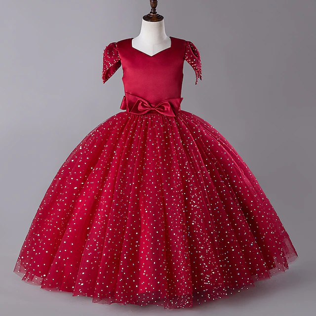 Kids Girls' Dress Sequin Plain Short Sleeve Party Festival Sequins Mesh Beaded Princess Sweet Cotton Polyester Midi Summer 4-13 Years Red Green 11