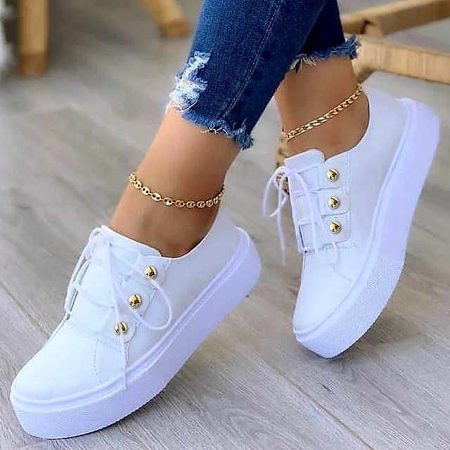 Women's White Platform Sneakers with Gold Button Details - Trendy Lace-Up Casual Shoes for Everyday Wear 5