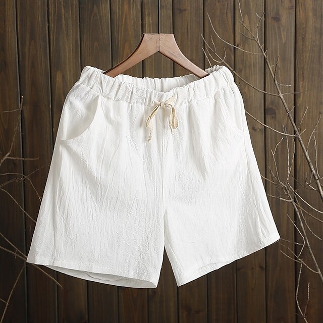  Men's Beach Shorts Linen Shorts Pocket Drawstring Solid Color Plain Short Daily Beach Linen / Cotton Blend Daily Ordinary Green White Micro-elastic / Spring / Summer