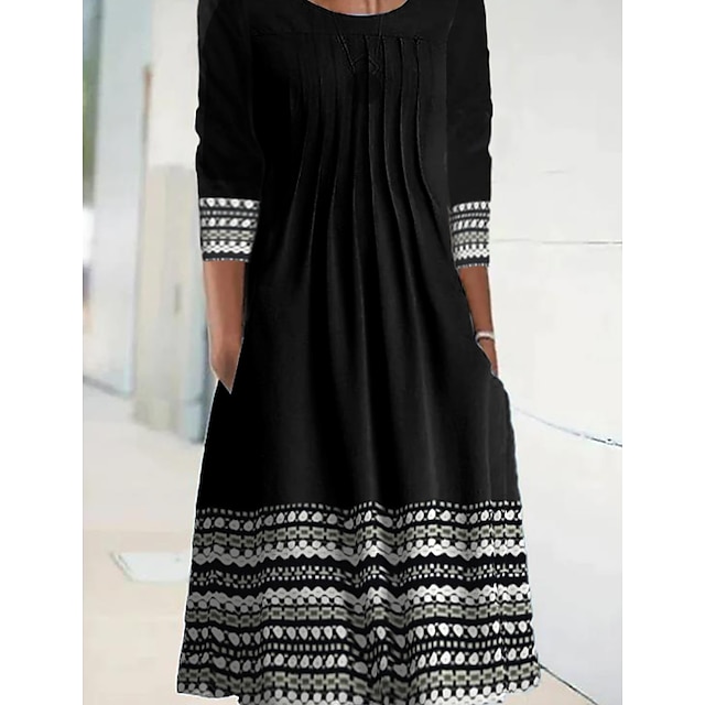  Women's Midi Dress Shift Dress Black 3/4 Length Sleeve Print Print U Neck Fall Spring Casual 2022 S M L XL XXL 3XL