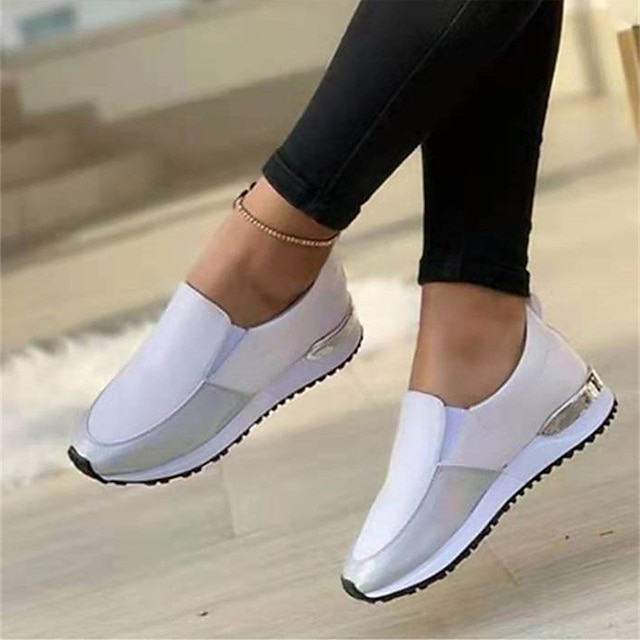  Women's Sneakers Plus Size Slip-on Sneakers White Shoes Outdoor Office Work Solid Colored Summer Wedge Heel Round Toe Casual Walking PU Leather Elastic Band Black White Pink