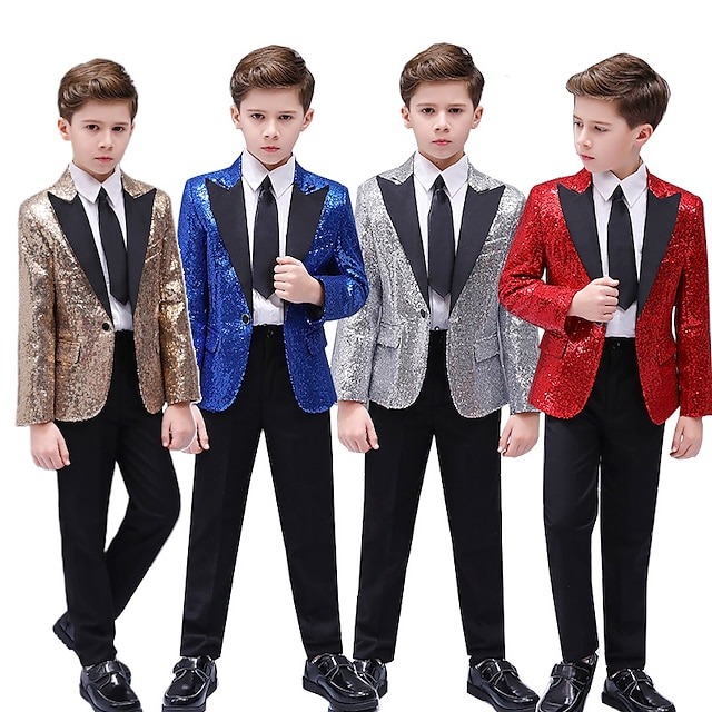  Kids Boys Suit & Blazer Shirt & Pants 3 Pieces Long Sleeve Black Blue Silver Solid Color Sequin Sequins Party Formal Regular 4-12 Years