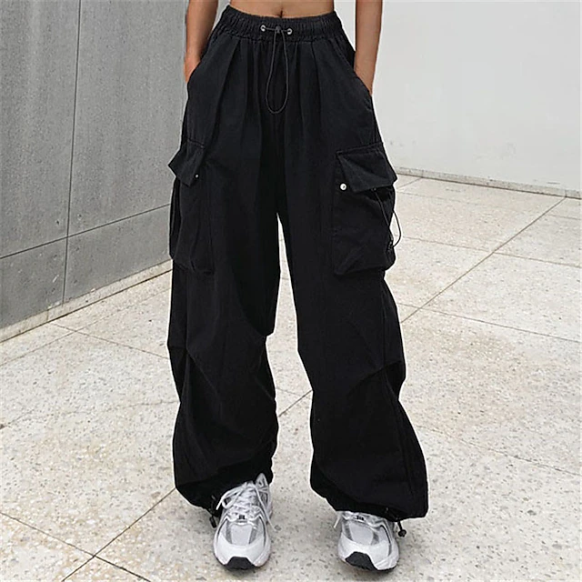 Women's Cargo parachute pants Wide Leg Trousers Baggy Full Length Baggy Micro-elastic High Waist Fashion Casual Daily ArmyGreen Black S M Spring & Fall 6