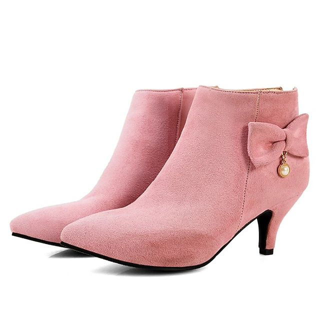 Women's Pink Suede Ankle Boots with Bow and Pearl Charm, Elegant Kitten Heel Dress Boots for Parties and Formal Occasions 15