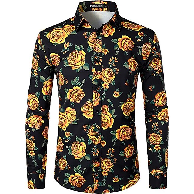 Men's Shirt Graphic Shirt Rose Floral Turndown Black White Yellow Pink ...