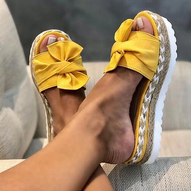 Yellow Women's Platform Sandals with Bow Detail and Woven Espadrille Sole for Stylish Summer Wear 14