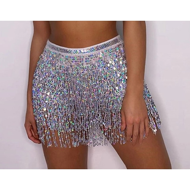  Women's Skirt Asymmetrical Skirts Sequins Tassel Fringe Solid Colored Performance Party Summer Polyester Sequin Sparkle Sparkle & Shine Sexy Silver Black Yellow Pink
