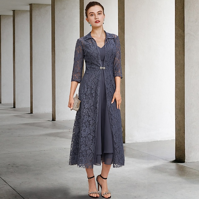  A-Linie Mutter der Braut Kleid elegant V-Ausschnitt Tee-Länge Chiffon Spitze ärmellos Jackenkleider mit Tierung einfarbig maßgeschneiderte Größe kostenlos