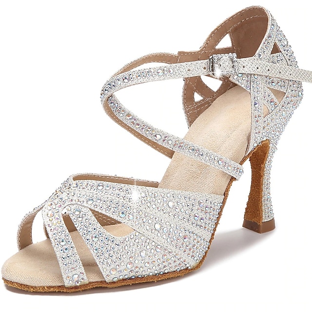  Dames Latin schoenen Salsa schoenen Dansschoenen Voor Binnen Prestatie Samba Glitter kristal pailletten juwelen Hakken Hoge Hak Open teen Kruisriem Volwassenen Zwart Zilver / Sprankelende glitter