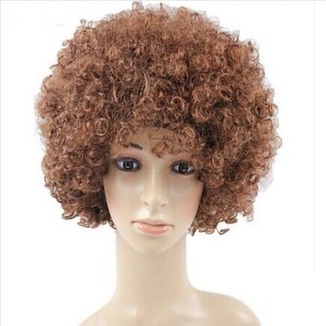 Carnival Wigs Plus Size Yaki Afro Curly Bob Wig Medium Length Brown