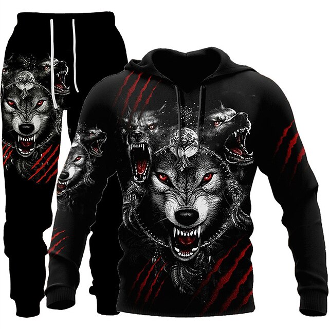 Men's Graphic Animal Wolf 2pcs 3D Sweatshirt Sets Tracksuit Hoodies Long Sleeve Long pants Hooded Streetwear Designer Basic Sports & Outdoor Casual Sports Print Spring Fall Black2