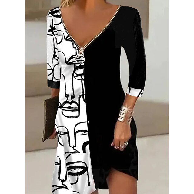 Mini robe Femme Robe casual Manches 3/4 Eté Printemps - Décontractées Imprimer Imprime Col V Coton 2023 Noir S M L XL XXL 3XL
