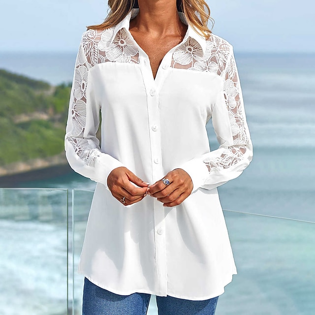  Women's Blouse Shirt Tunic White Lace Patchwork Plain Daily Weekend Long Sleeve Shirt Collar Streetwear Casual Regular S