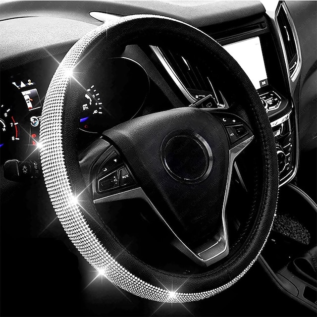  New Diamond Leather Steering Wheel Cover with Bling Bling Crystal Rhinestones Universal Fit 15 Inch Car Wheel Protector for Women Girls