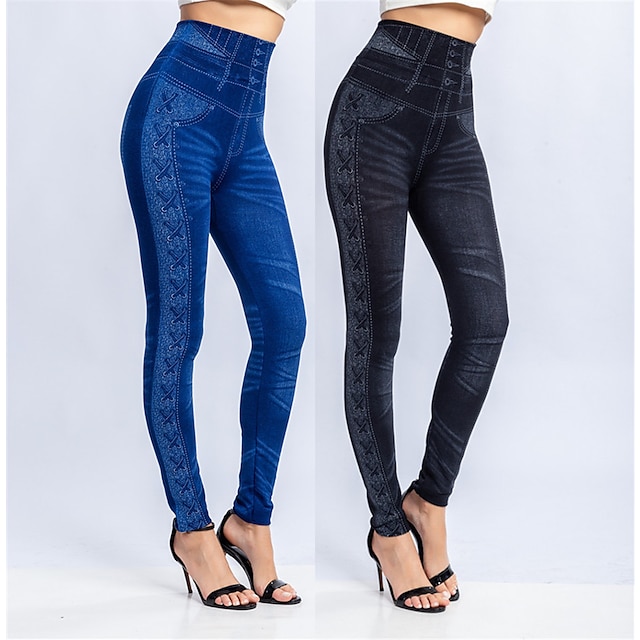  Women's Tights Pants Trousers Faux Denim Black Blue Fashion High Waist Casual Weekend Full Length High Elasticity Plain Tummy Control S M L XL XXL