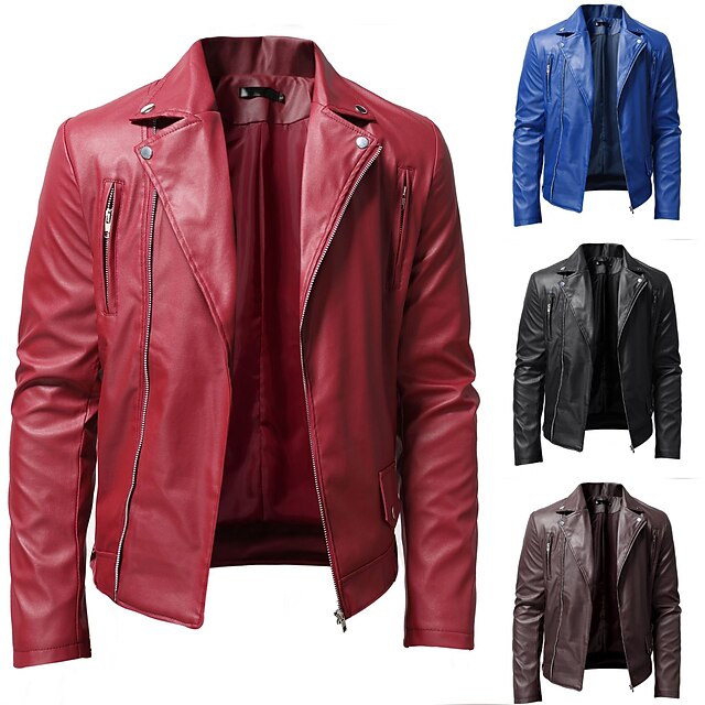 Men's Faux Leather Jacket Casual Jacket Biker Jacket Red Leather Jacket Casual Motorcycle Thermal Warm Rain Waterproof Faux Fur Trim Fall Pure Color Casual Daily Casual Turndown Regular Regular Faux2
