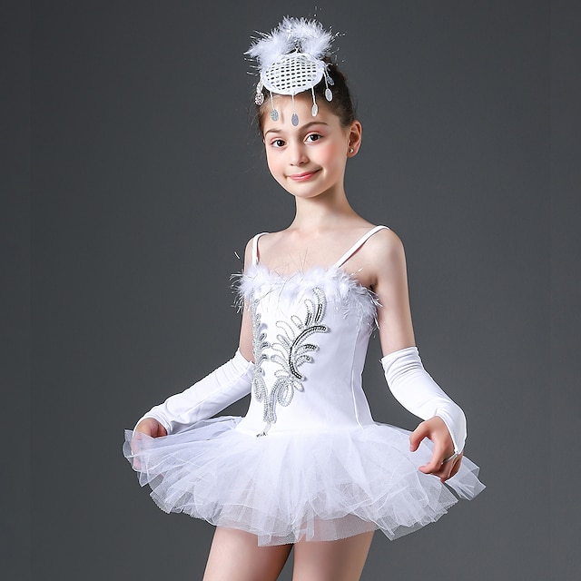  Kids' Dancewear Ballet Dress Feathers / Fur Printing Pure Color Girls' Training Performance Sleeveless High Tulle Polyester