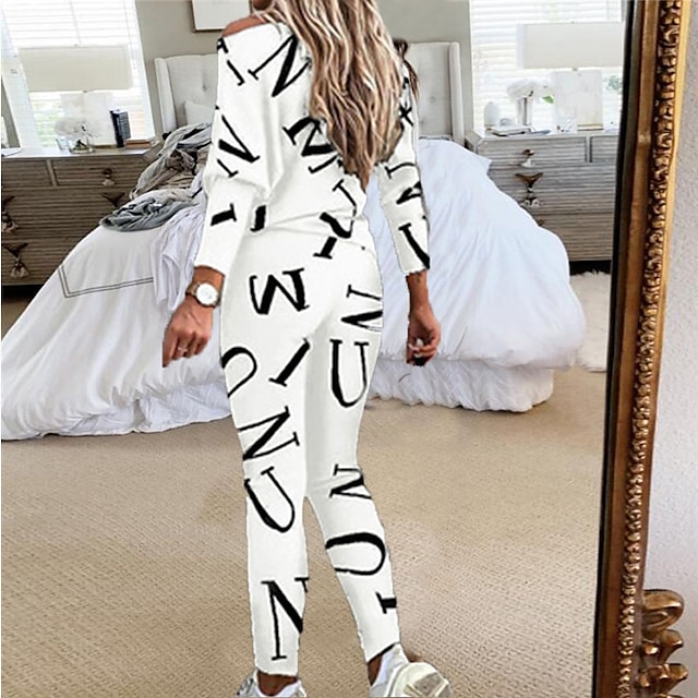  Women's Loungewear Sweatsuit Sets 2 Pieces Letter Sport Comfort Home Street Vacation Polyester Off Shoulder Long Sleeve Pullover Pant Spring Fall Black White