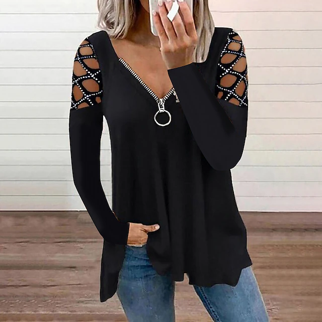 Women's Burgundy Tee Blouse Plain Basic Long Sleeve V Neck Off Shoulder Half Zip Regular Tops Casual Weekend Cut Out Flowing tunic Quarter Zip Black Fall & Winter 10
