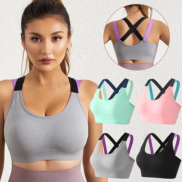  Women's Medium Support Sports Bra Open Back Cross Back Color Block Black Green Yoga Fitness Gym Workout Bra Top Sport Activewear Stretchy Breathable Quick Dry Comfortable Slim / Removable Pad