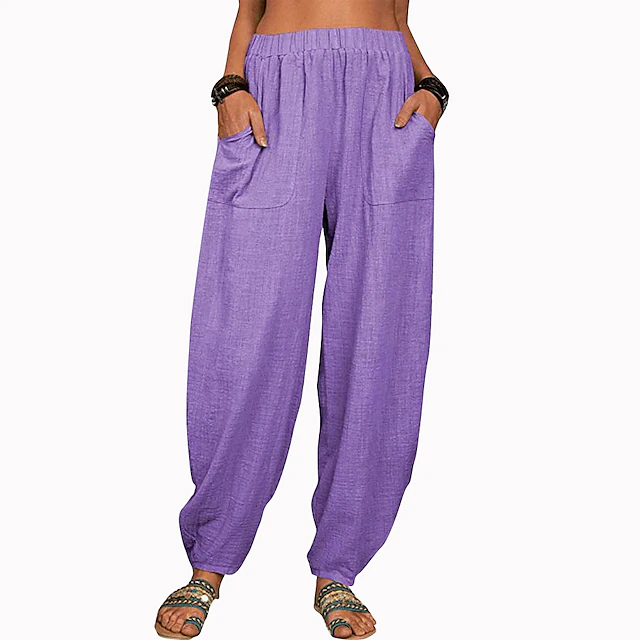 Women's Cotton And Linen Lounge Pants Solid Color Loose Casual Pants Home Street Daily Harem Trousers 14