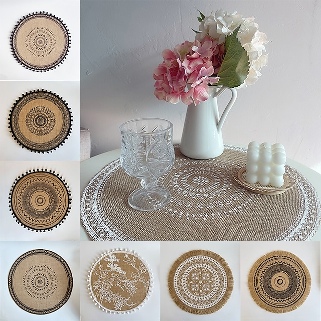  Round Placemat White Table Mats Farmhouse Woven Jute Fringe with Tassel Place Mat for Dining Room Kitchen Wedding Table Decor Mandala