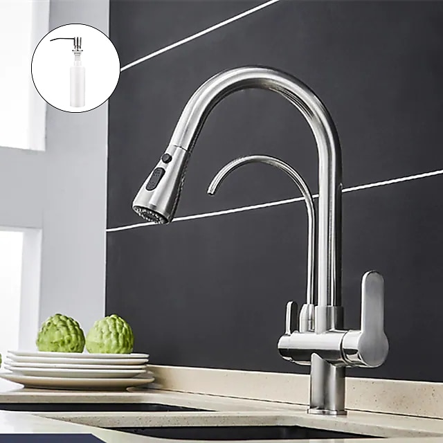 Kitchen Sink Mixer Faucet Pull Out Sprayer with Soap Dispenser, 360