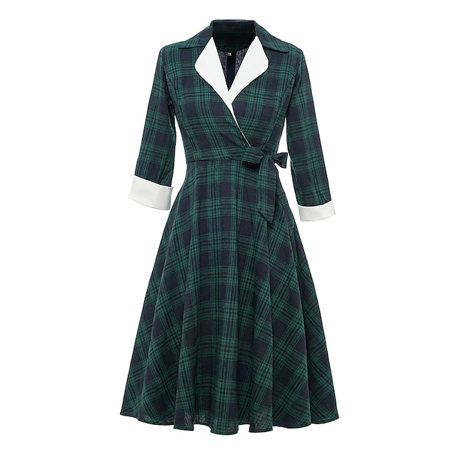 Women's Tartan Dress Swing Dress Plaid Dress Vintage Dress Green Red Long Sleeve Plaid Lace up Winter Fall Shirt Collar Mature Winter Dress Fall Dress 2022 S M L XL XXL 8