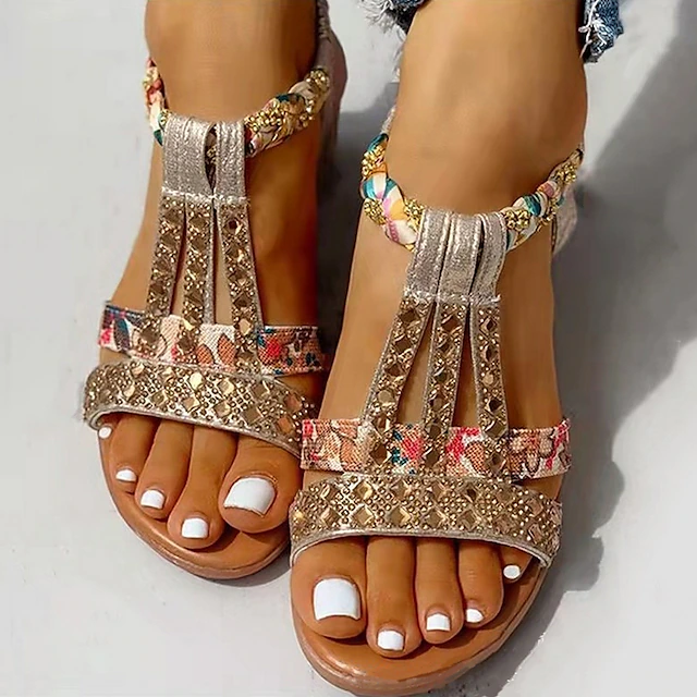Women's Wedge Sandals with Rhinestone Embellishments – Comfortable Elastic Straps and Floral Patterned Details for Casual Summer Wear 18