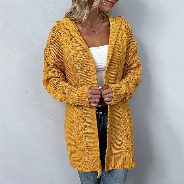  Women's Cardigan Sweater Jumper Crochet Knit Knitted Hooded Tunic Hooded Solid Color Daily Holiday Stylish Casual Winter Fall Wine Red turmeric S M L