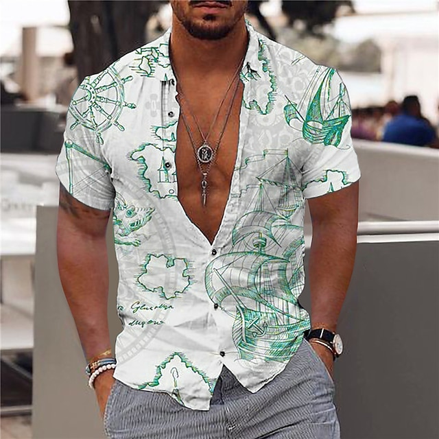  Homme Hawaiian Aloha Nautique Chemise Chemisette Chemise d'été Chemise hawaïenne Manche Courte Mode Design Décontractées Extérieur Casual Vacances Eté Printemps Col rabattu Imprimer Bouton bas Bleu