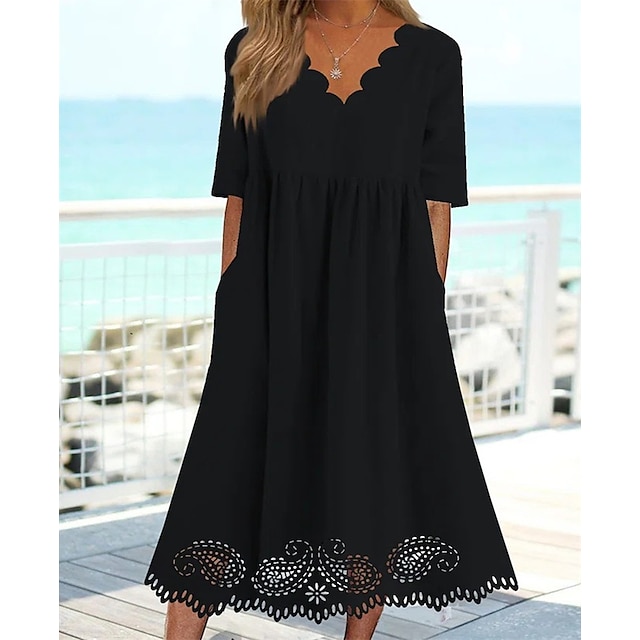  Women's Casual Dress Midi Dress Black Pure Color Half Sleeve Spring Summer Hollow Out Casual V Neck Loose Fit 2023 S M L XL XXL 3XL