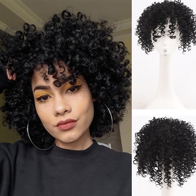  Black Short Afro Kinky Curly Hair Topper Synthetic Hair Pieces Wiglets Clip in Hairpieces Toppers Pieces Naturally Soft for Black Women With Thinning Hair Topper With Bangs