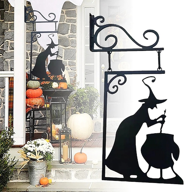  halloween čarodějnický kotel silueta nástěnná výzdoba - venkovní kovový čarodějnický kotlík nástěnná ozdoba, halloween strašidelná závěsná kovová nástěnná cedule pro dekorace na zahradní párty