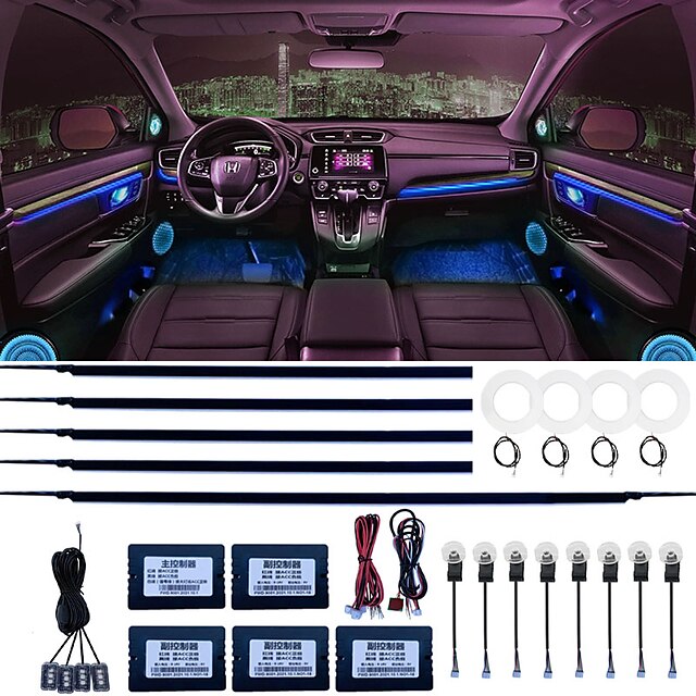 Tira de luces rgb para interior de coche, luz ambiental decorativa de 12v con aplicación de sonido, lámpara de atmósfera con control remoto