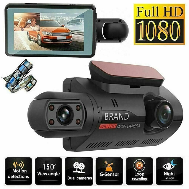  3 tommers ips dual linse bil dvr dash cam videoopptaker g-sensor 1080p front og innvendig kamera