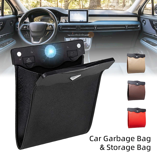 Collapsible Car Trash Can with LED Light - Leakproof, Hanging Storage Organizer for Vehicle, Multifunctional Trash Bin 15