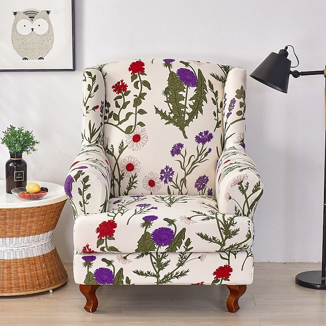  1 set de 2 piese huse pentru scaun cu aripi elastice, cu imprimeu floral, huse pentru fotoliu cu spate din material spandex, cu fund elastic pentru decorul camerei de zi